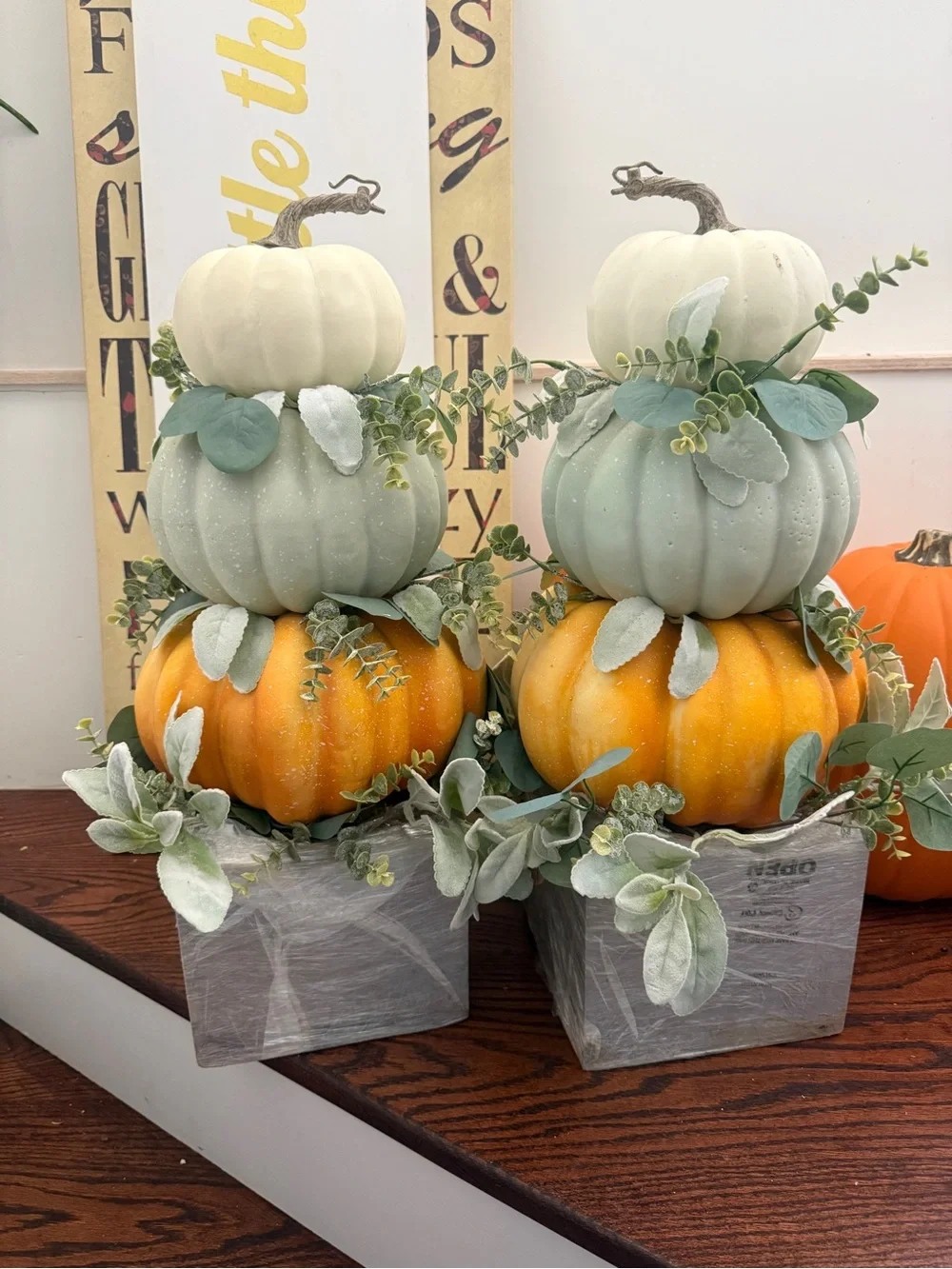 Decorative Pumpkin Topiary Trio - Green, White & Orange -